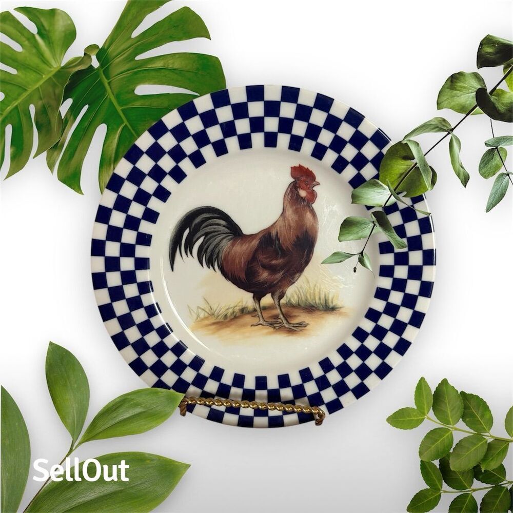 Williams Sonoma Blue Checkered Rooster Salad Plates Set of 4